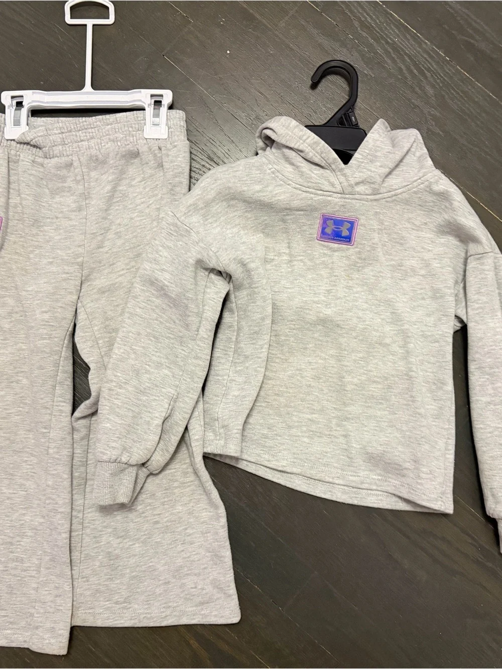 Under Armour Light Gray Girls' Hoodie & Joggers Set with Purple Logo Patch